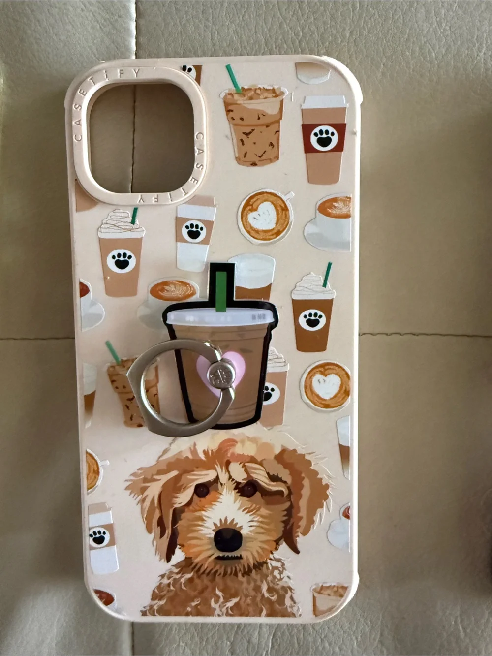 Casetify Beige Coffee & Puppy Pattern iPhone Case with Ring Grip